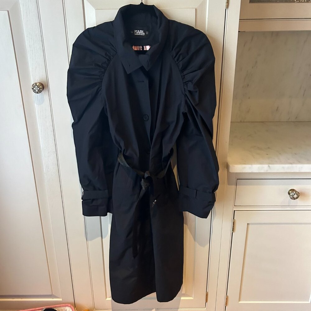 NEW Karl Lagerfeld Navy Blue Black Trench Coat Puff Shoulders S